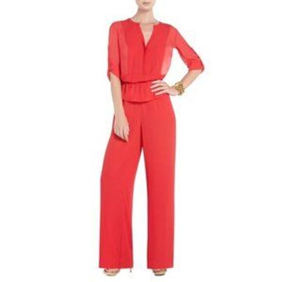 BCBG MAXAZRIA Rigsby Wide Leg Flowy Jumpsuit in Berry Red Size XXS Silky - Picture 1 of 9